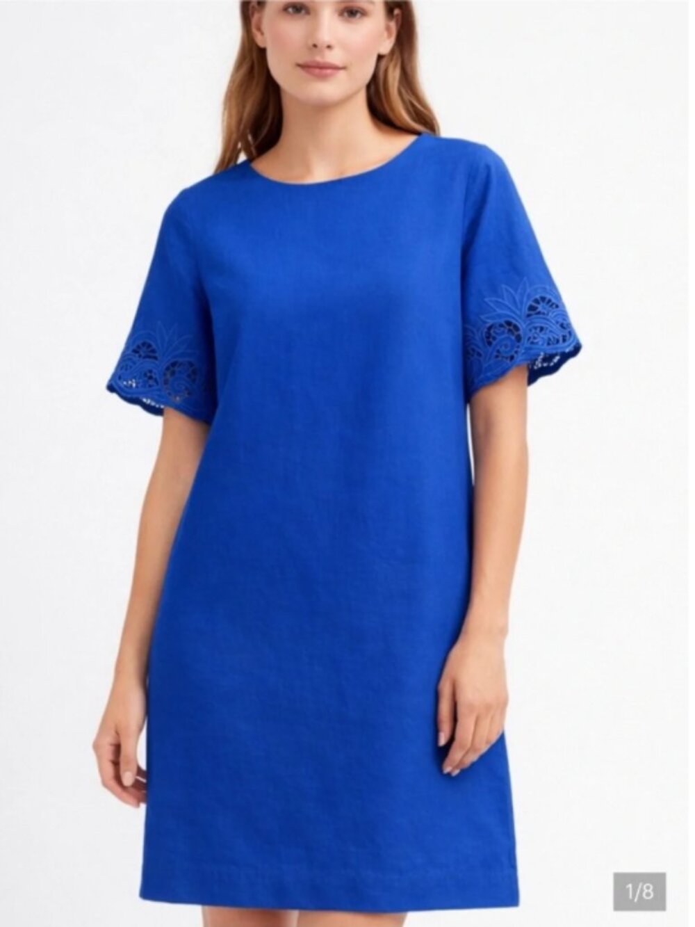 Chico's Cobalt Blue 100% Linen Shift Dress with Eyelet Sleeves Size 4 (20)